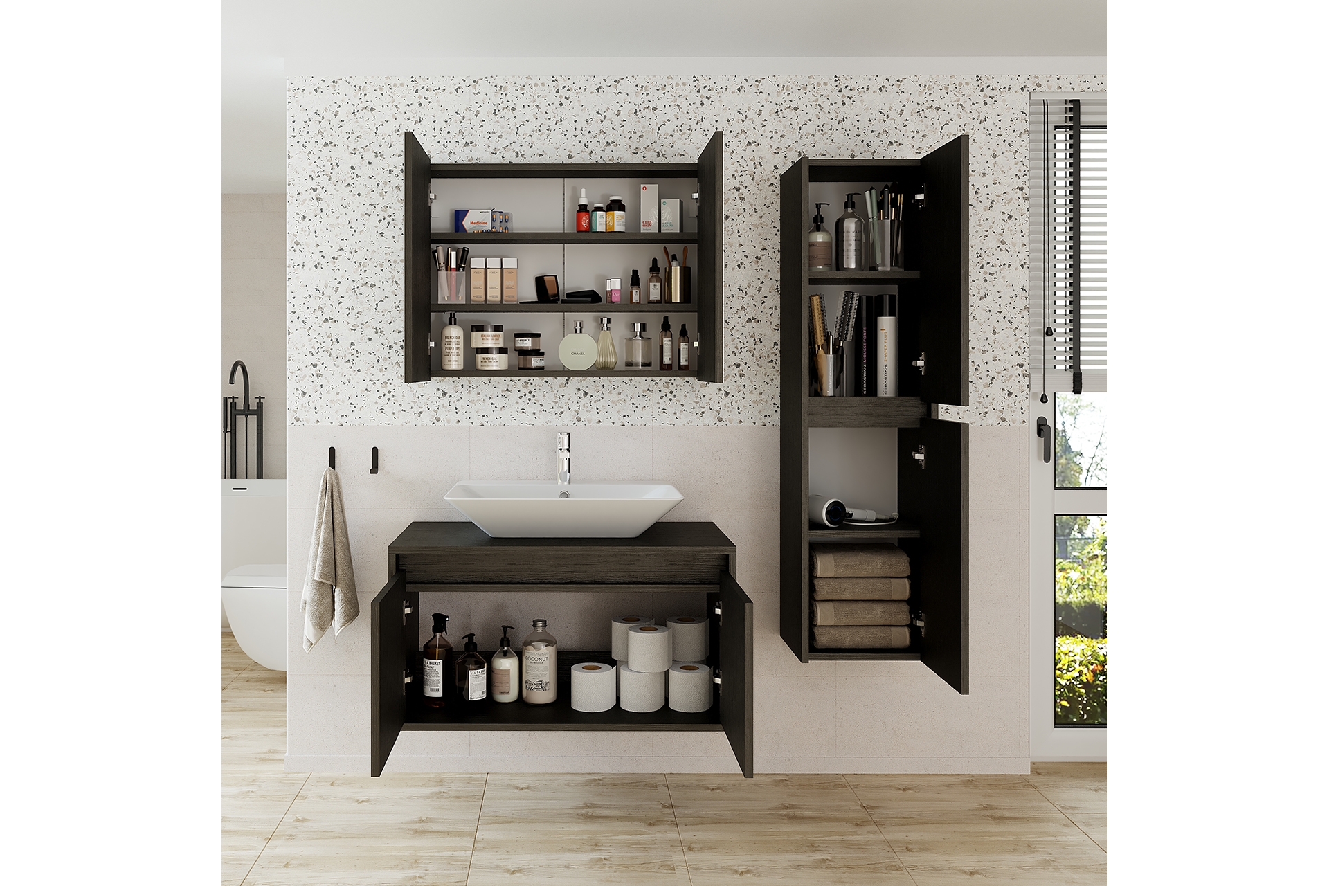 ROOMART LAVABOLU BANYO DOLABI+AYNALI ÜST DOLAP+BOY DOLAP, SİYAH, 85 CM ...