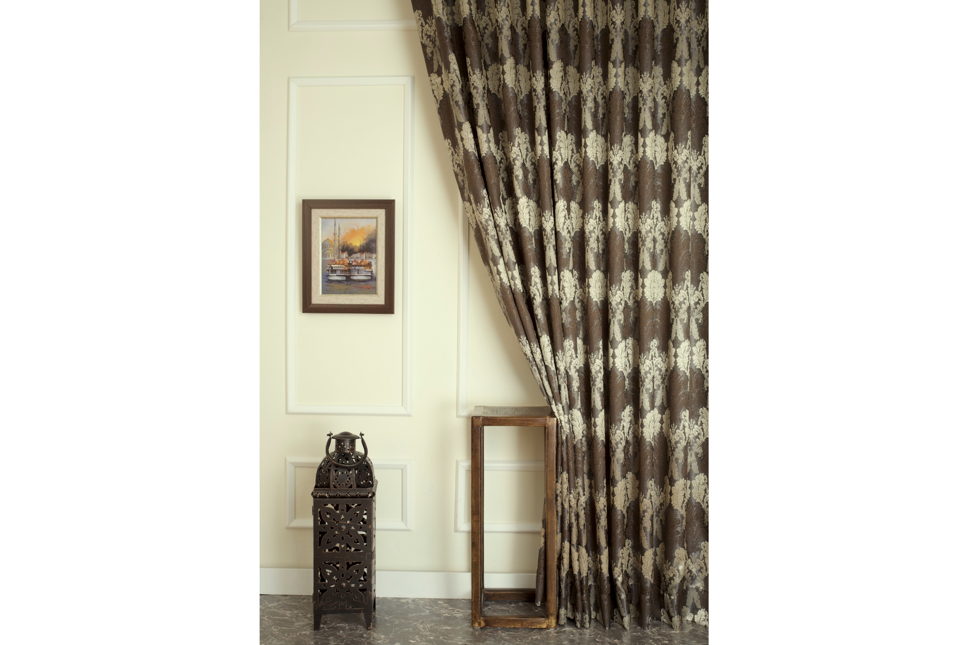 Massarelli Klasik Damask Desen Sık Pile Fon Perde- Antrasit Gold- 100X260 -1