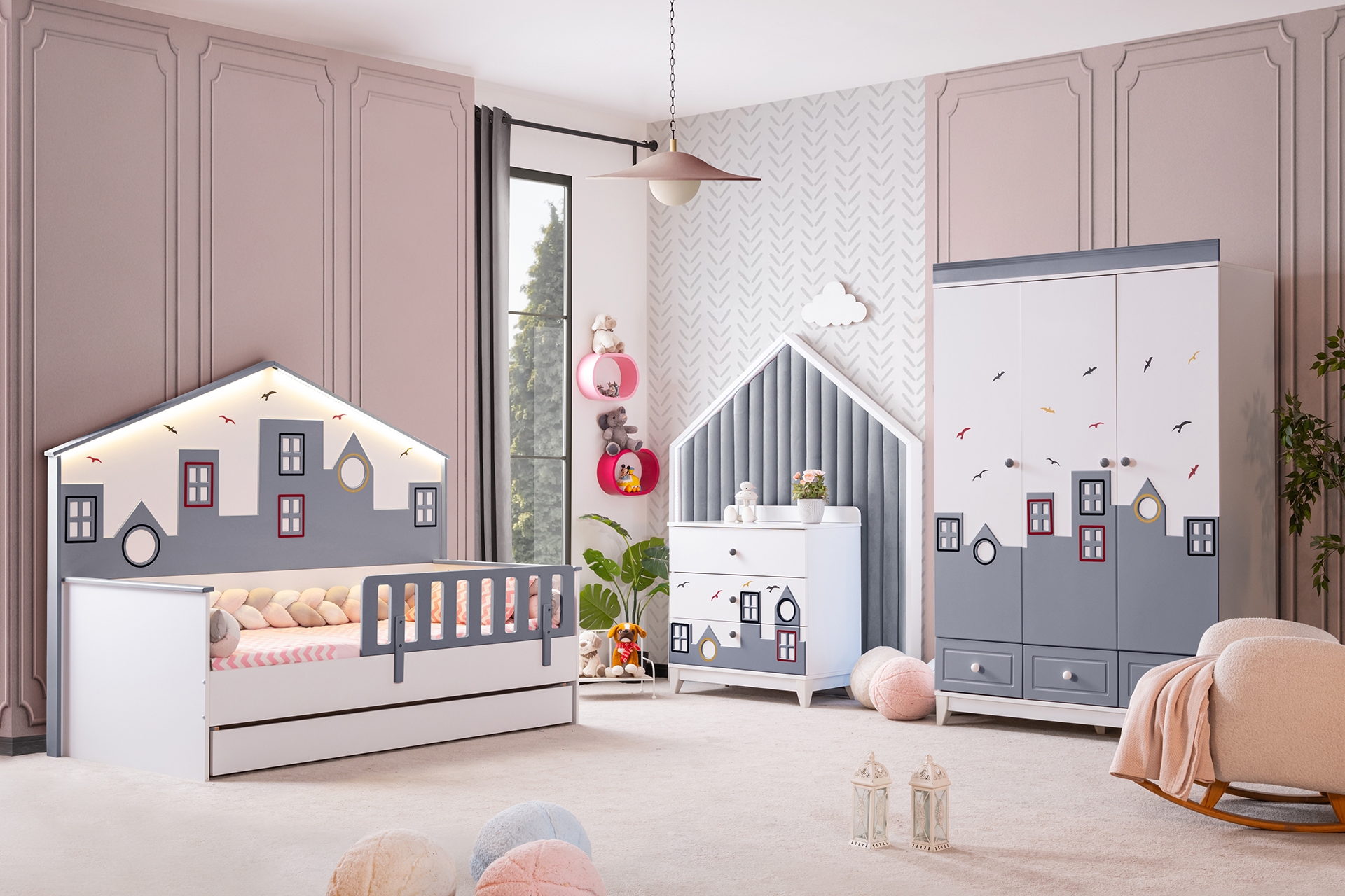 City Yavrulu Montessori Çocuk Odası Takımı- Gri- 3 Kapaklı -1