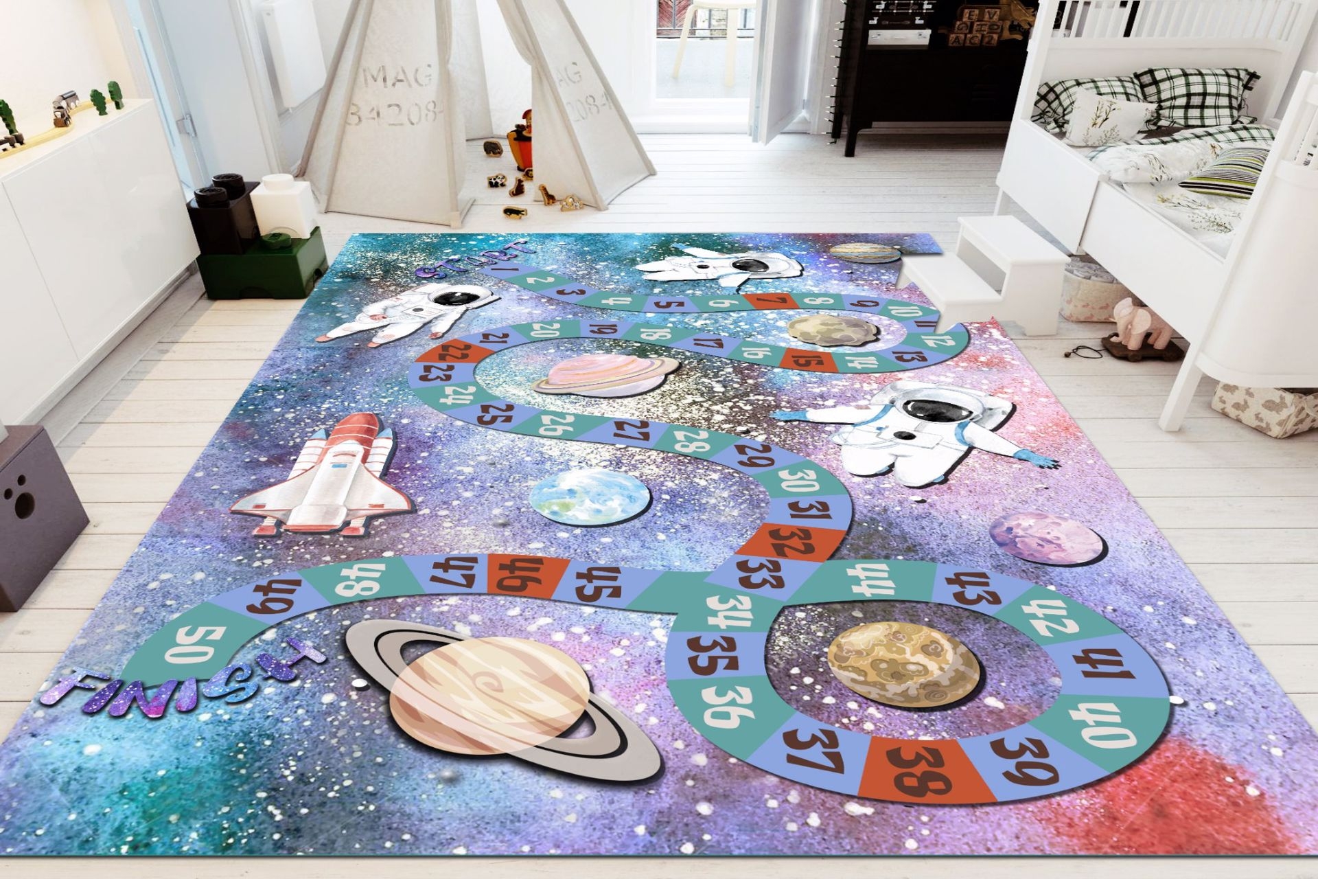 jungle hali renkli tabanli uzayda sayili labirent desenli dijital baskili hali 100x150 fiyati vivense