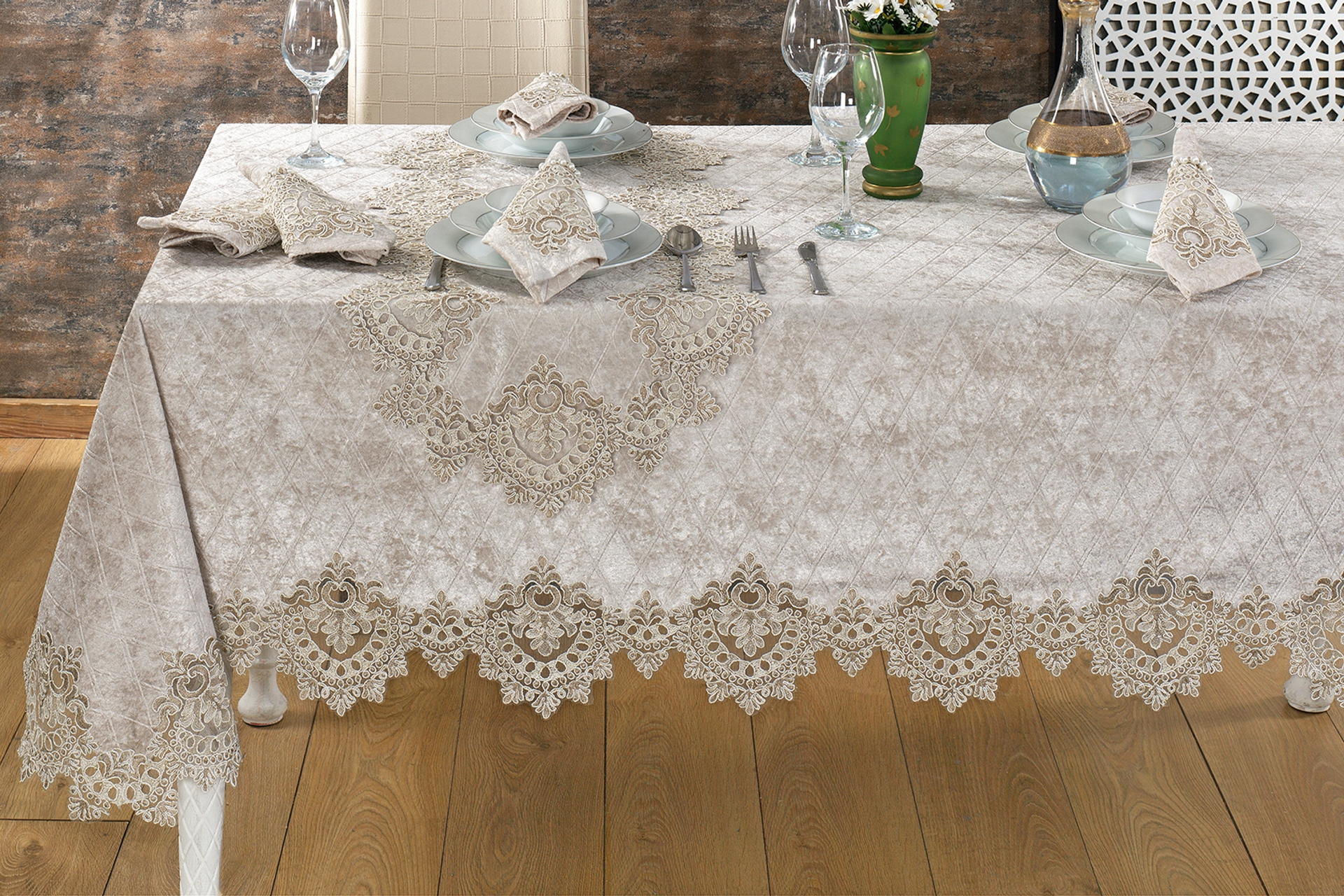 Evlen Re EVLEN HOME 26 PARÇA MASA ÖRTÜSÜ SETİ, GÜPÜRLÜ, REİNA CAPPUCCİNO, 160X350