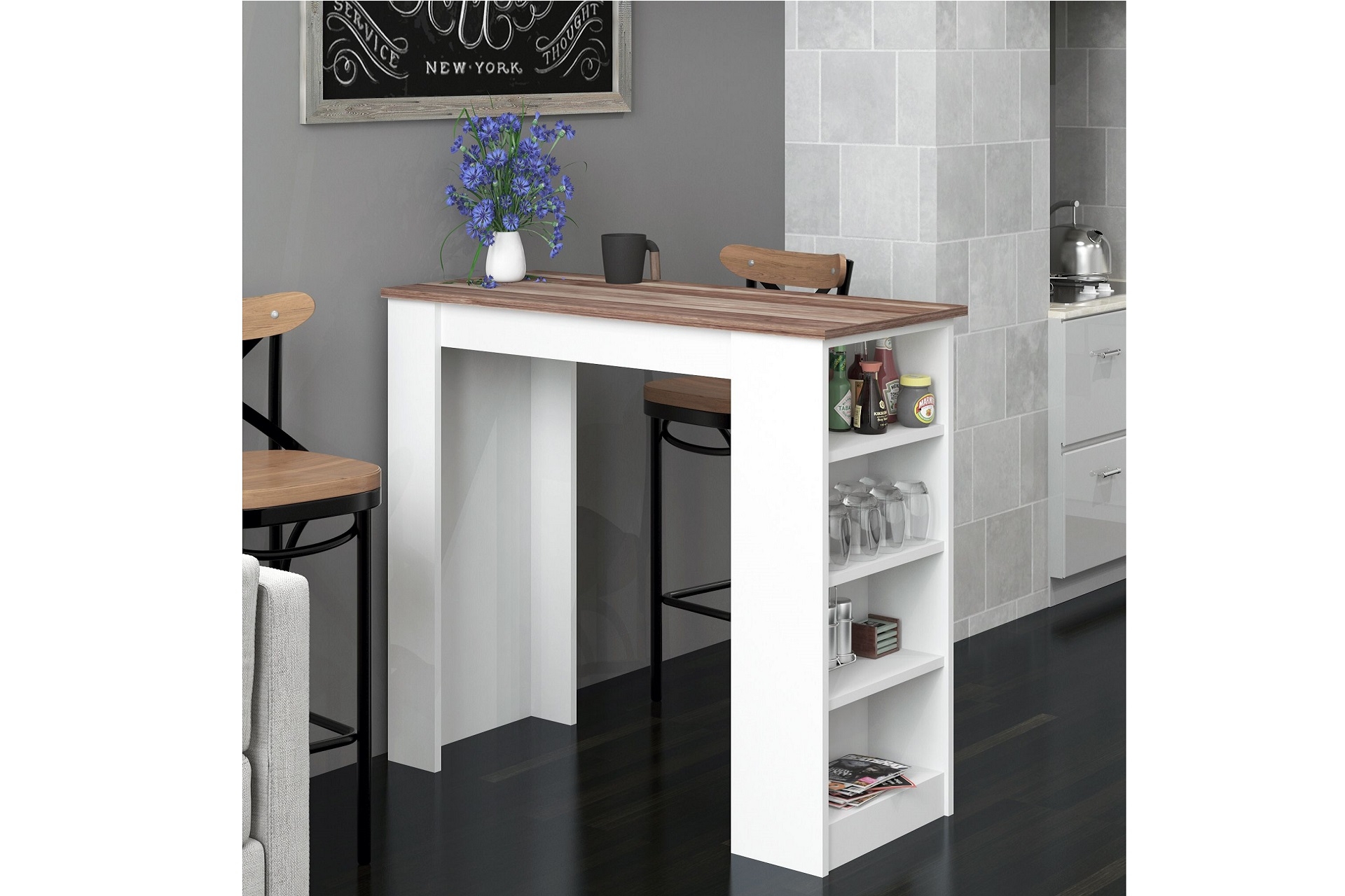 Bicabin Tekila Raflı Bar Masası- Beyaz Ceviz - 1