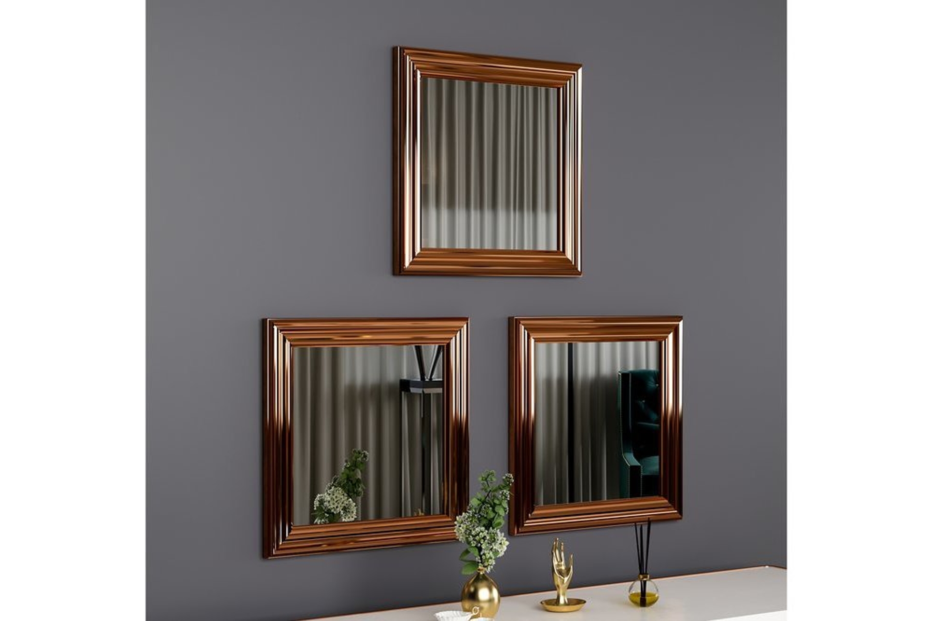 Mone Ayna Üçlü Dekoratif Duvar Aynası- Bronz -1