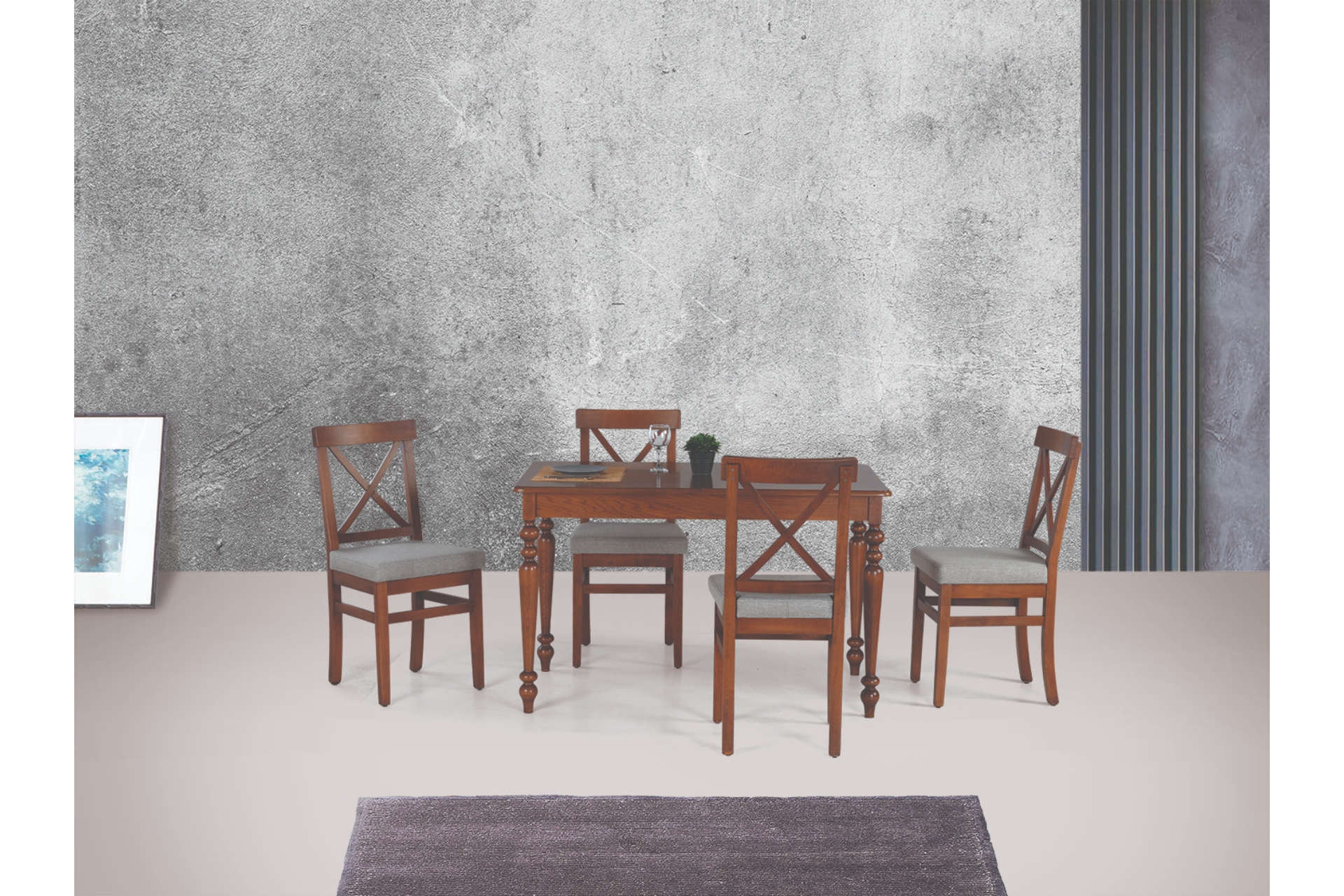 Alzando Masa Ve Çapraz Döşemeli Sandalye Takımı- Ceviz Ceviz- 125X80 -1
