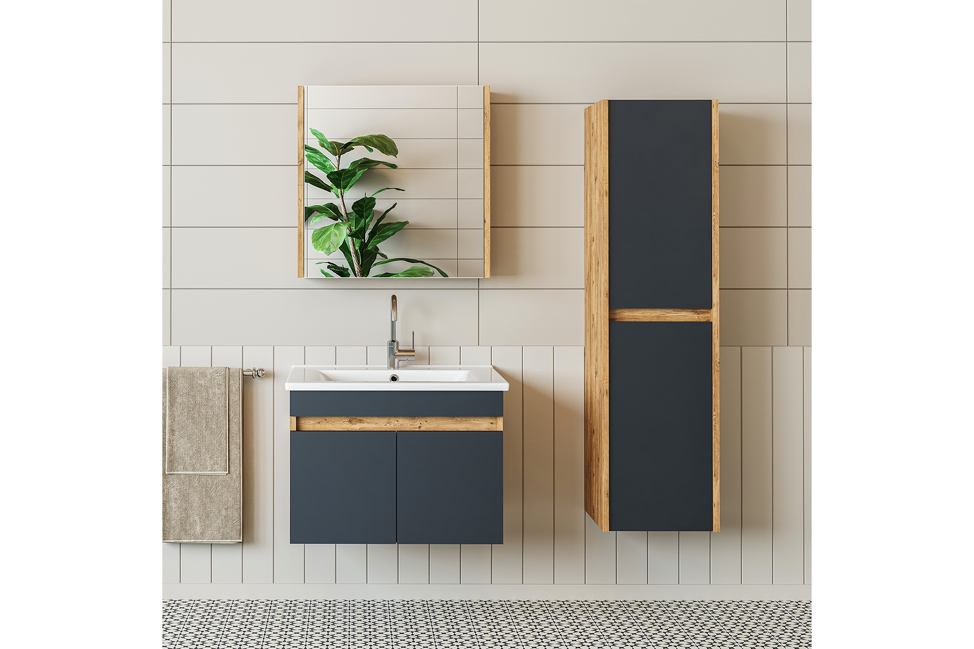 ROOMART BANYO ALT DOLAP+AYNALI ÜST DOLAP+BOY DOLAP, LAVABOLU, 65 CM