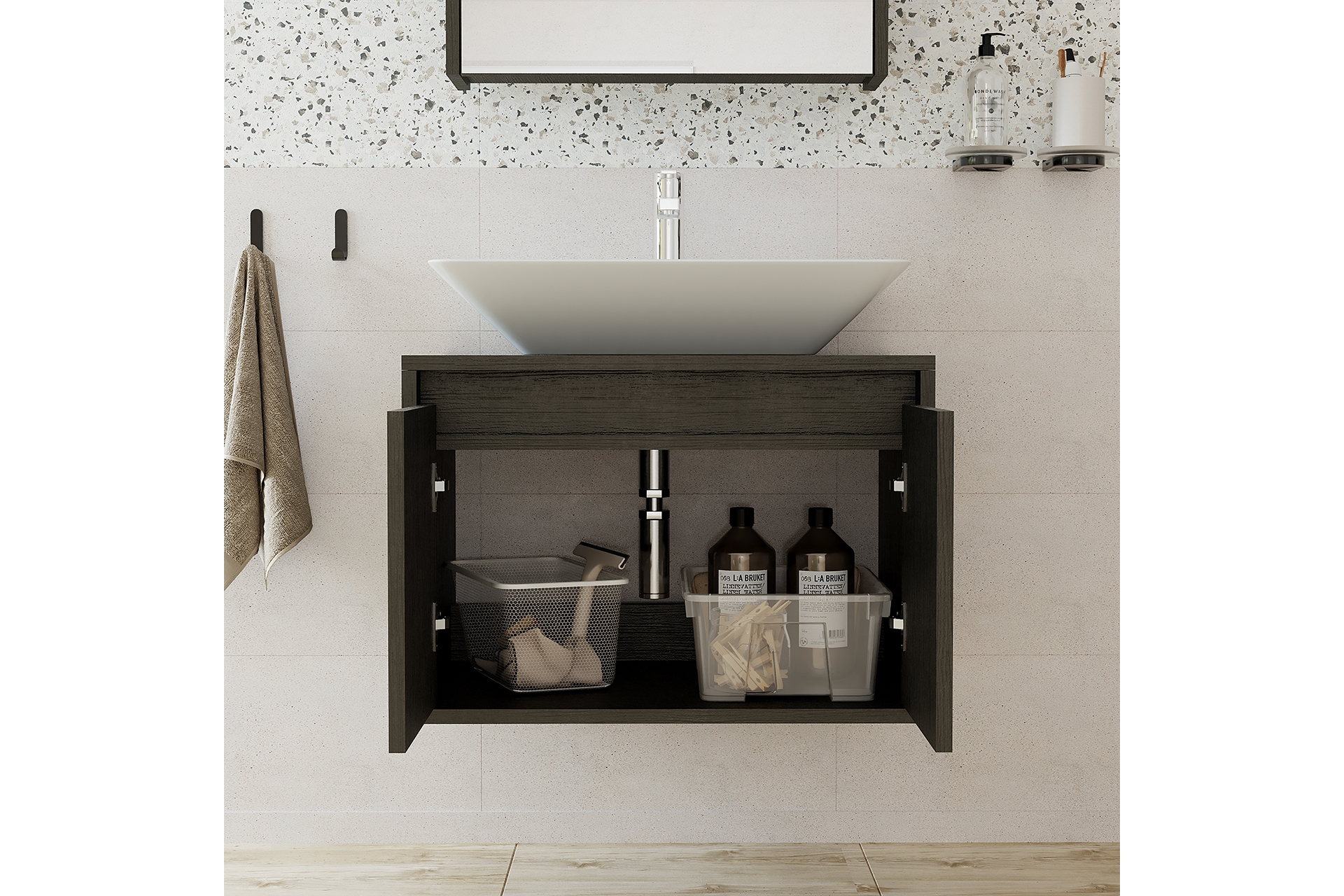 ROOMART AYAKSIZ LAVABOLU BANYO DOLABI, 2 KAPAKLI, 65 CM