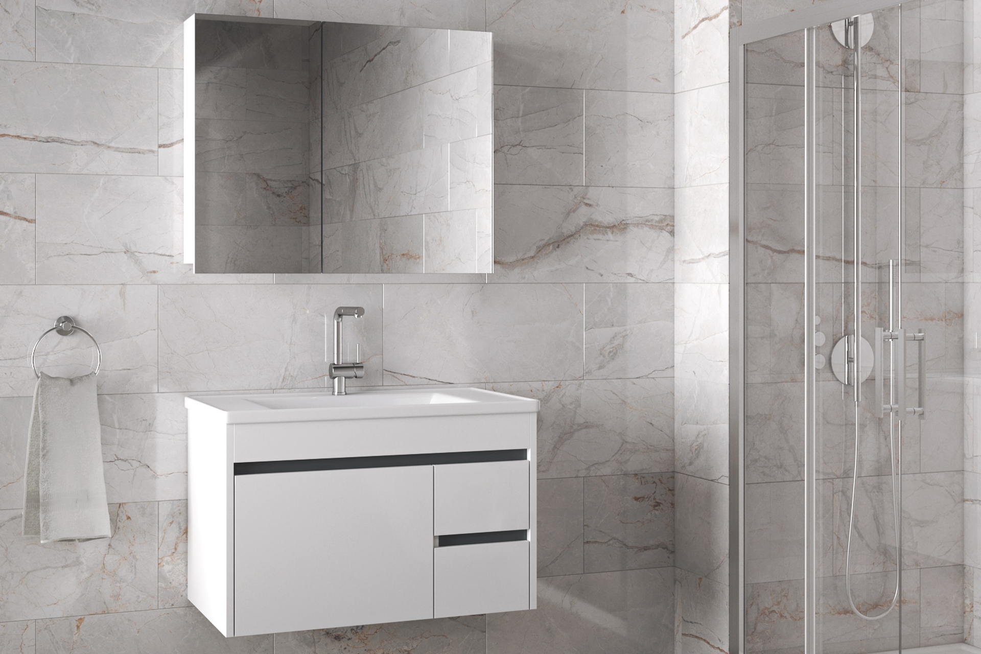 ALFA VİOSEN AYNALI LAVABOLU BANYO DOLAP TAKIMI, BEYAZ, 80 CM