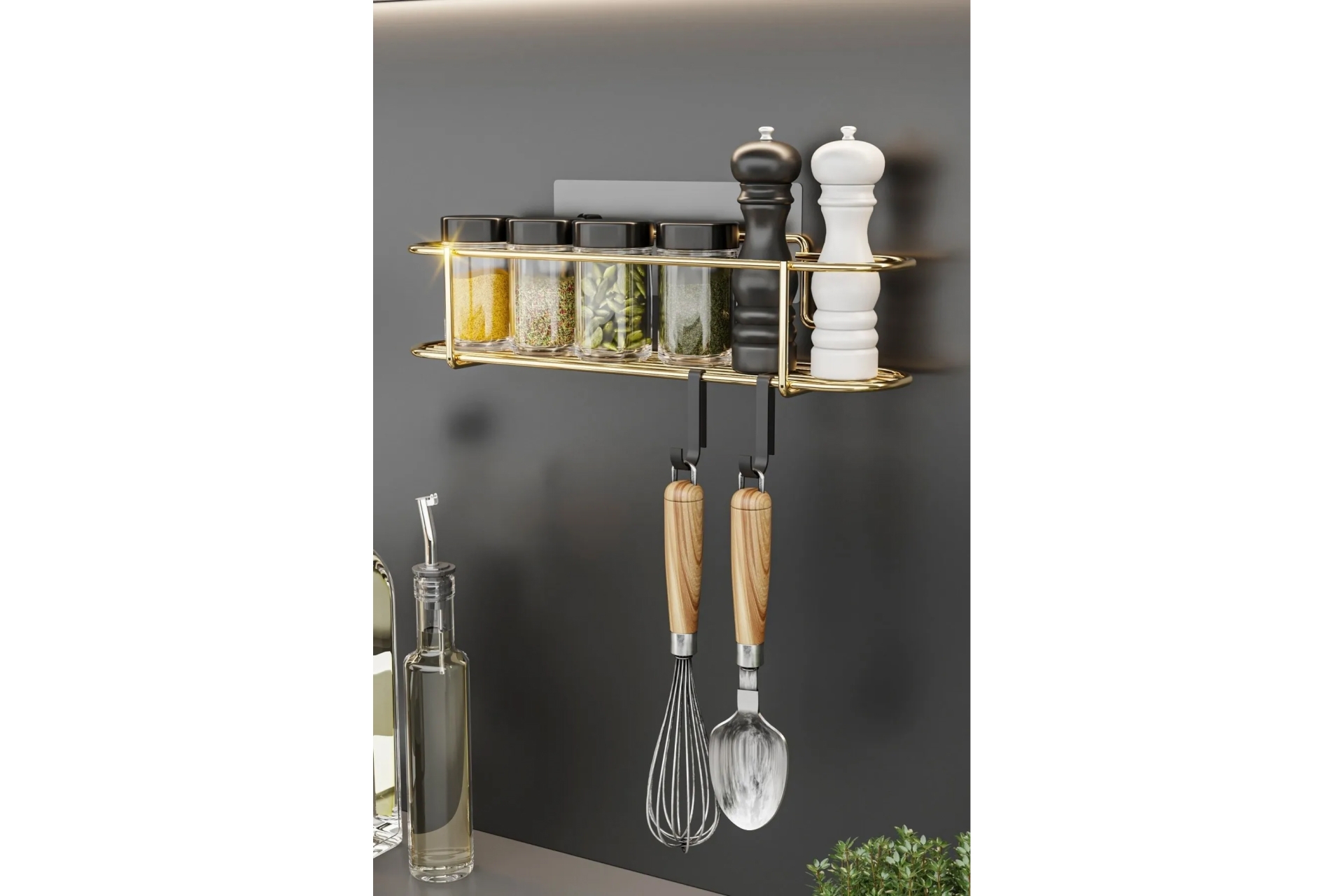 Bino Yapışkanlı Kancalı  Baharatlık Mutfak Banyo Rafı- Metal Gold -1