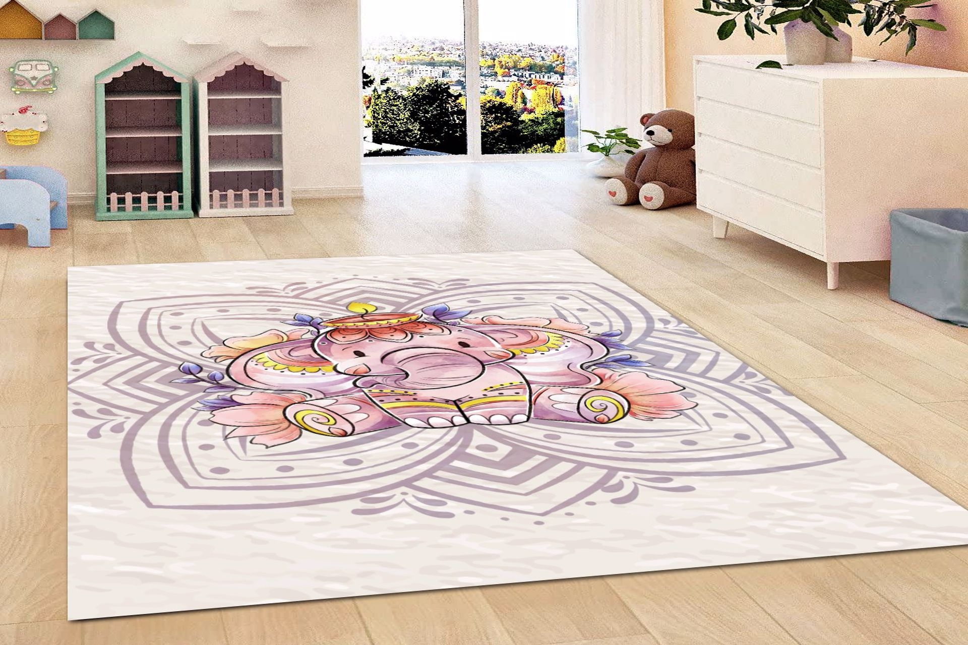 jungle beej tabanli renkli yavru fil desenli dijital baskili hali 120x175 fiyati vivense