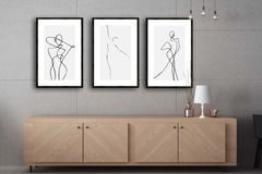 Bare Lady Line Art Prints with Frame, Triptych