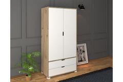 Matte Kledingkast met 2 Deuren en 2 Lades, Wit en Eik