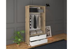 Matte Kledingkast met 2 Deuren en 2 Lades, Wit en Eik