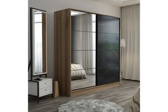 Medway Kledingkast met Schuifdeuren en Spiegel 180 cm, Walnoot en Marmer