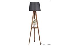 Francesca Driepoot Vloerlamp met Rek, Zwart en Pijnboomhout