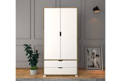 Matte Kledingkast met 2 Deuren en 2 Lades, Wit en Eik