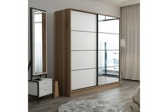 Medway Kledingkast met Schuifdeuren en Spiegel, 180 cm, Walnoot en Wit