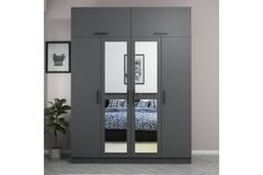 Medway Kledingkast met 4 Deuren, Bovenkast & Spiegel, 210 cm, Antraciet