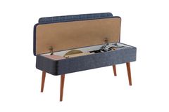 Vina Opbergbank Gestoffeerd, Walnoot & Donkerblauw