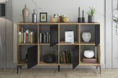 Saturn Multifunctionele Kast met 4 Deuren en Metalen Poten, Pijnboomhout en Zwart