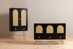 Cliff Rattan Cabinet, Black & Brass