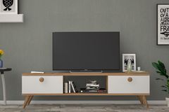 Eleanor TV-Meubel met Houten Poten, 140 cm, Pijnboom & Wit
