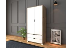 Matte Kledingkast met 2 Deuren en 2 Lades, Wit en Eik
