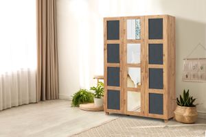 Victoria Wardrobe 3 Doors With Mirror, Light Wood & Dark Grey