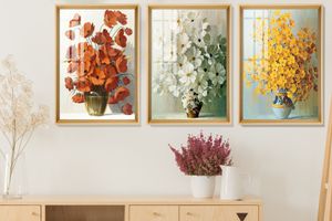 Flower In A Vase Art Print with Frame, Triptych, Natural