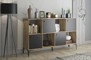 Saturn Multifunctionele Kast met 4 Deuren en Metalen Poten, Pijnboomhout en Zwart