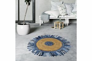 Gizzy Runder Jute-Teppich mit Fransen, 90x90 cm, Blau