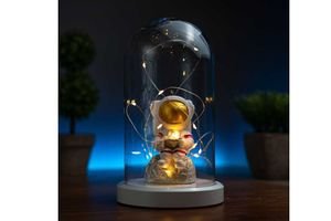Astronaut Glasglocke mit Lichterkette, Gold & Rot