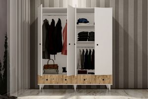 Perlino Kleiderschrank mit 4 Türen, 2 Schubladen, und Füßen