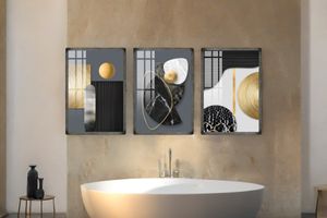 Modern Abstract Shapes Art Print with Frame, Triptych, Chrome