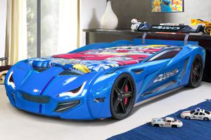 Modrá postel ve tvaru auta s LED osvětlením, 90x190