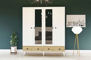 Belloir Kleiderschrank mit 4 Türen und 2 Schubladen, Weiß & Kiefer
