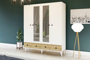 Belloir Kleiderschrank mit 4 Türen und 2 Schubladen, Weiß & Kiefer