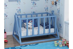 Lotus Natural Wood Baby Crib, Blue