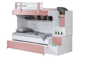 Illario Bunk Bed with Trundle, 90 x 190 cm, White & Pink