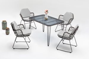 Šedý zahradní jídelní set stolu a 4 židlí s područkami Ninova