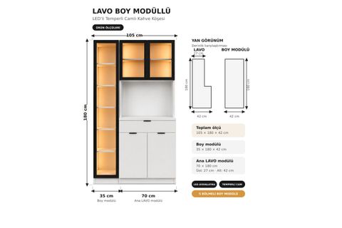 LAVO LEDLİ TEMPERLİ CAMLI KAHVE KÖŞESİ,  5 KAPAKLI