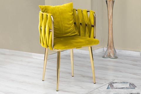 VİANEM SARMAŞIK ÇAY SETİ KOLTUK TAKIMI, GOLD METAL AYAK, SARI