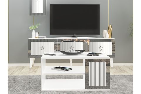 BARE TV ÜNİTESİ + ORTA SEHPA + KONSOL SALON TAKIMI, BEYAZ GÜMÜŞ