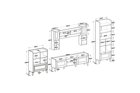 RANİ AA101 DUVAR RAFLI KİTAPLIKLI VE DOLAPLI MODERN TV ÜNİTESİ TV SEHPASI BEYAZ KEÇE CEVİZ