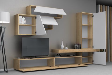 FİTZ DUVAR TV ÜNİTESİ, MEŞE BEYAZ, 300 CM