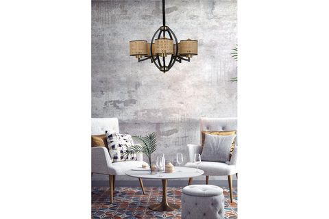 LUMEXX PAUL BEŞLİ SİYAH AVİZE RATTAN ABAJURLU