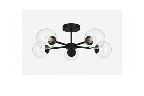 GÜLŞEN PLAFONYER SİYAH AVİZE, BEŞLİ ŞEFFAF CAMLI