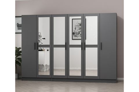 MİNAR KALE 6 KAPAKLI 4 AYNALI 2 ÇEKMECELİ DOLAP ANTRASİT 210CM