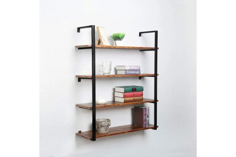 TASNİA SİYAH METAL AHŞAP DUVAR RAFI 90 CM 4 KATLI
