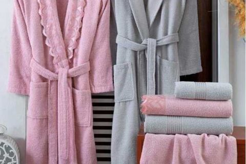 SOLEY LUCCA DANTELLİ AİLE BORNOZ SETİ  GRİ-PUDRA