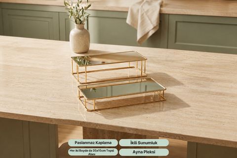PRİZMA AYNALI TEPSİ 2Lİ SET 30X15CM, GOLD